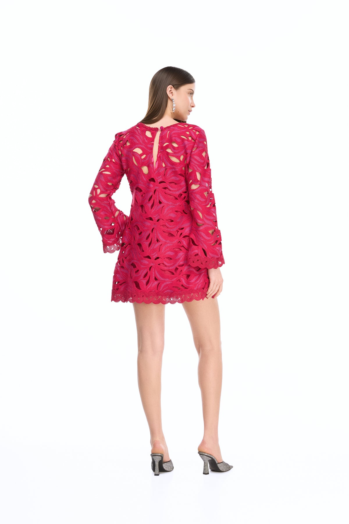 Rear view of Solsticio Mini Dress in burgundy showcasing guipure embroidery, cutout pattern and scalloped hem on white background