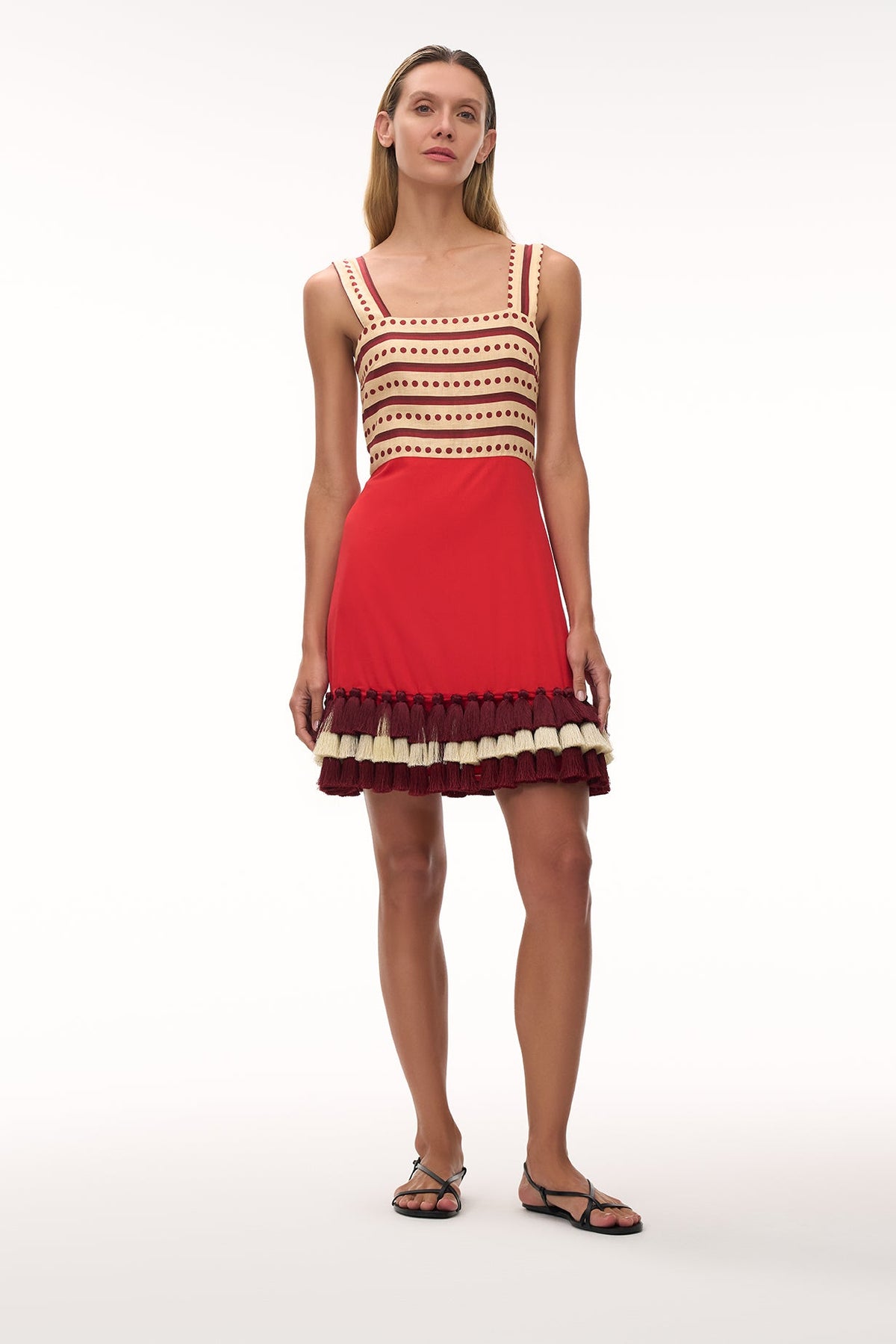 Micaela Linen Mini Dress in Red Stripes & Handmade Wine Tassels