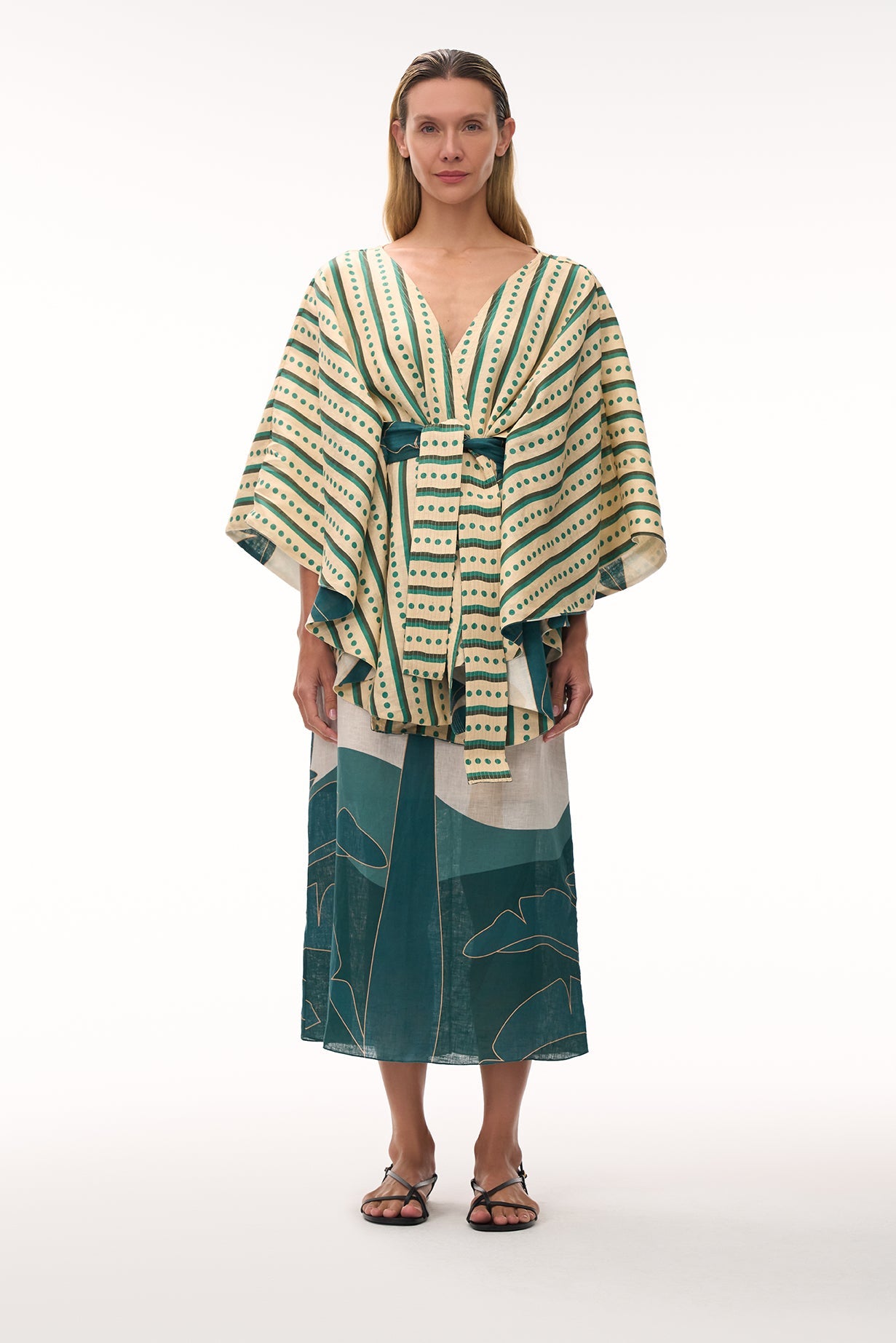 Cavalo Linen Poncho in Aquamarine Palms & Green Stripes