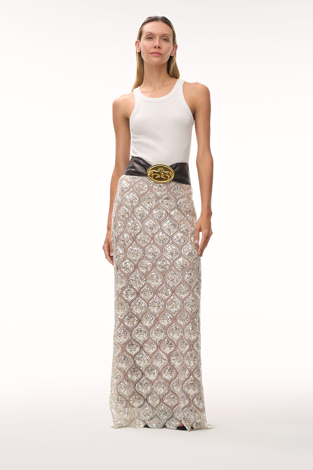 Carlota Palms Sequined Maxi Skirt in Silver