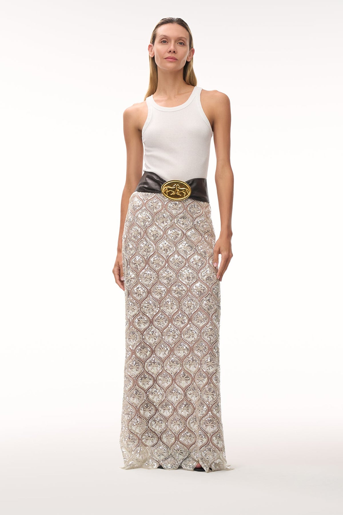 Carlota Palms Sequined Maxi Skirt in Silver