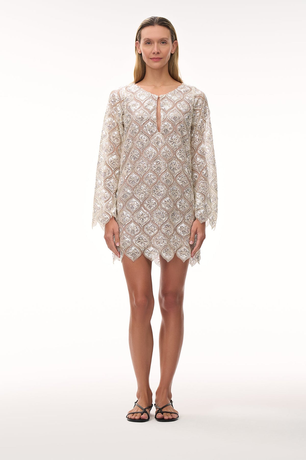 La Maestranza Sequined Palms Mini Dress in Silver