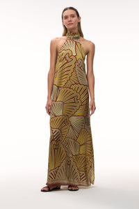 Costa Pacifica Satin Silk Midi Dress in Yellow Intricate Shells