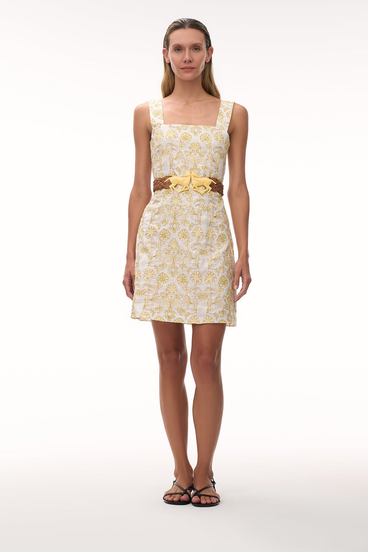 Micaela Embroidered Linen Mini Dress in Yellow Flowers