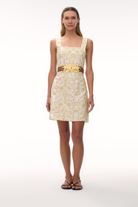 Micaela Embroidered Linen Mini Dress in Yellow Flowers