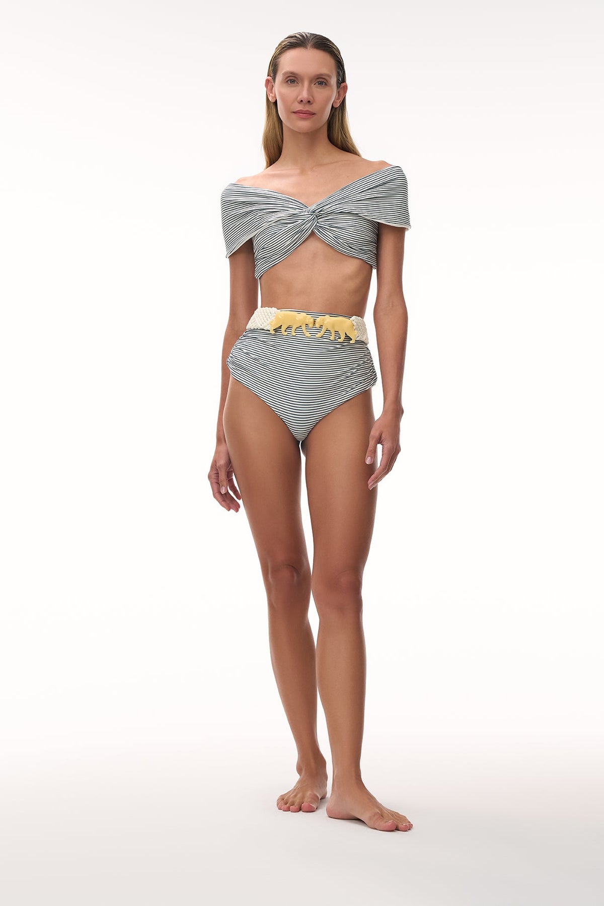 Front of Victoria high-rise bikini bottom, navy and ivory stripes, ruched sides and supportive waistband, on white background