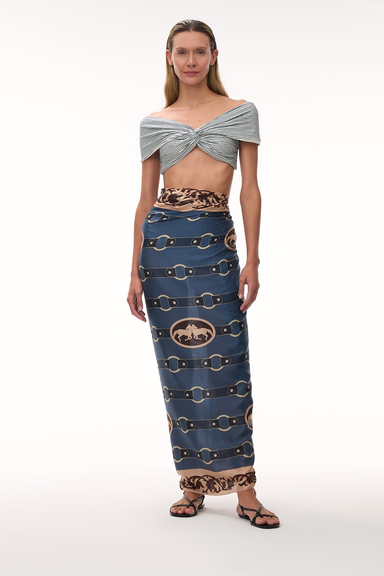 De La Falaise Cotton Silk Sarong in Blue Horse Reins