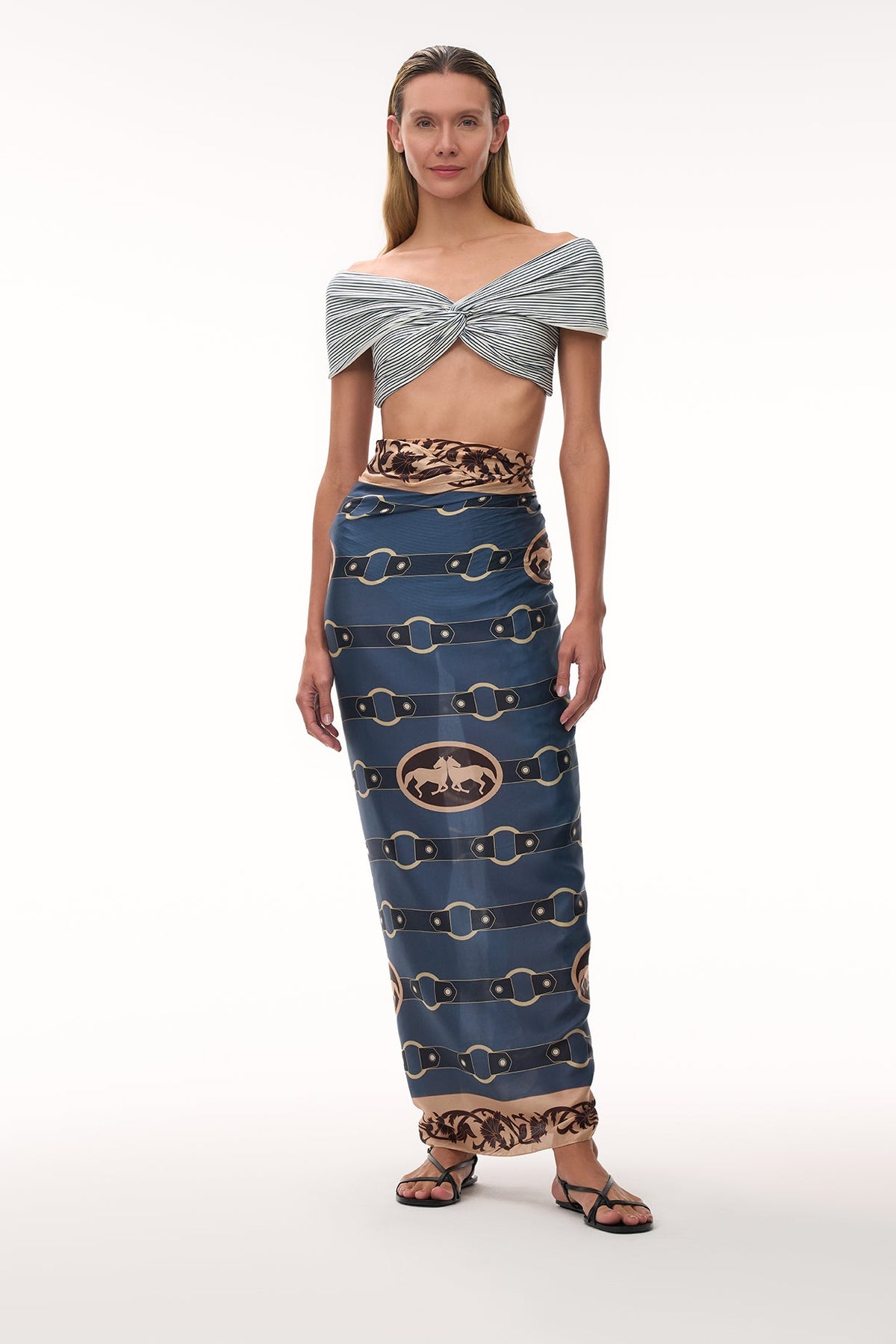 De La Falaise Cotton Silk Sarong in Blue Horse Reins