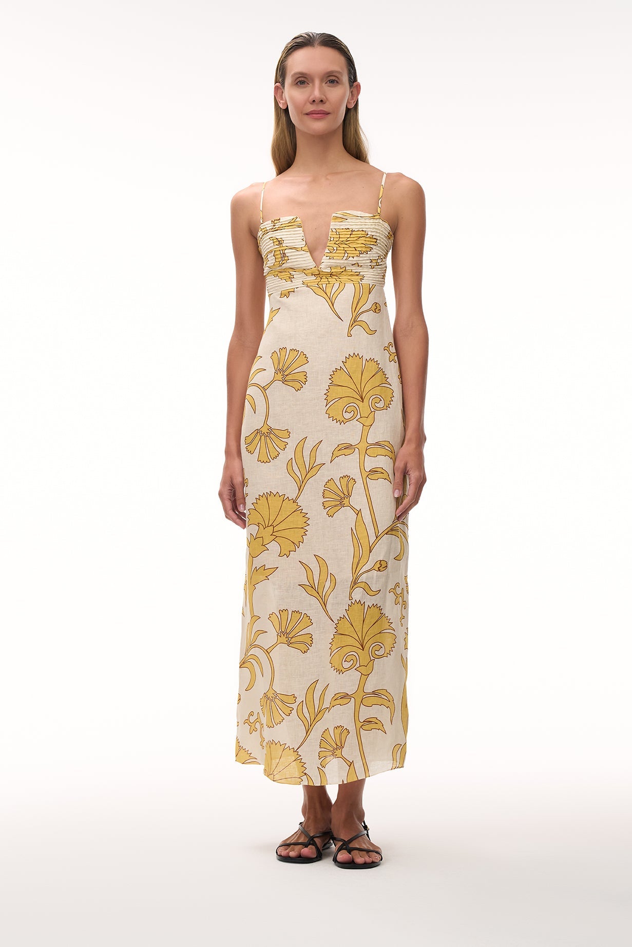 Antigüa Linen Midi Dress in Yellow Flowers