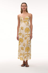 Antigüa Linen Midi Dress in Yellow Flowers