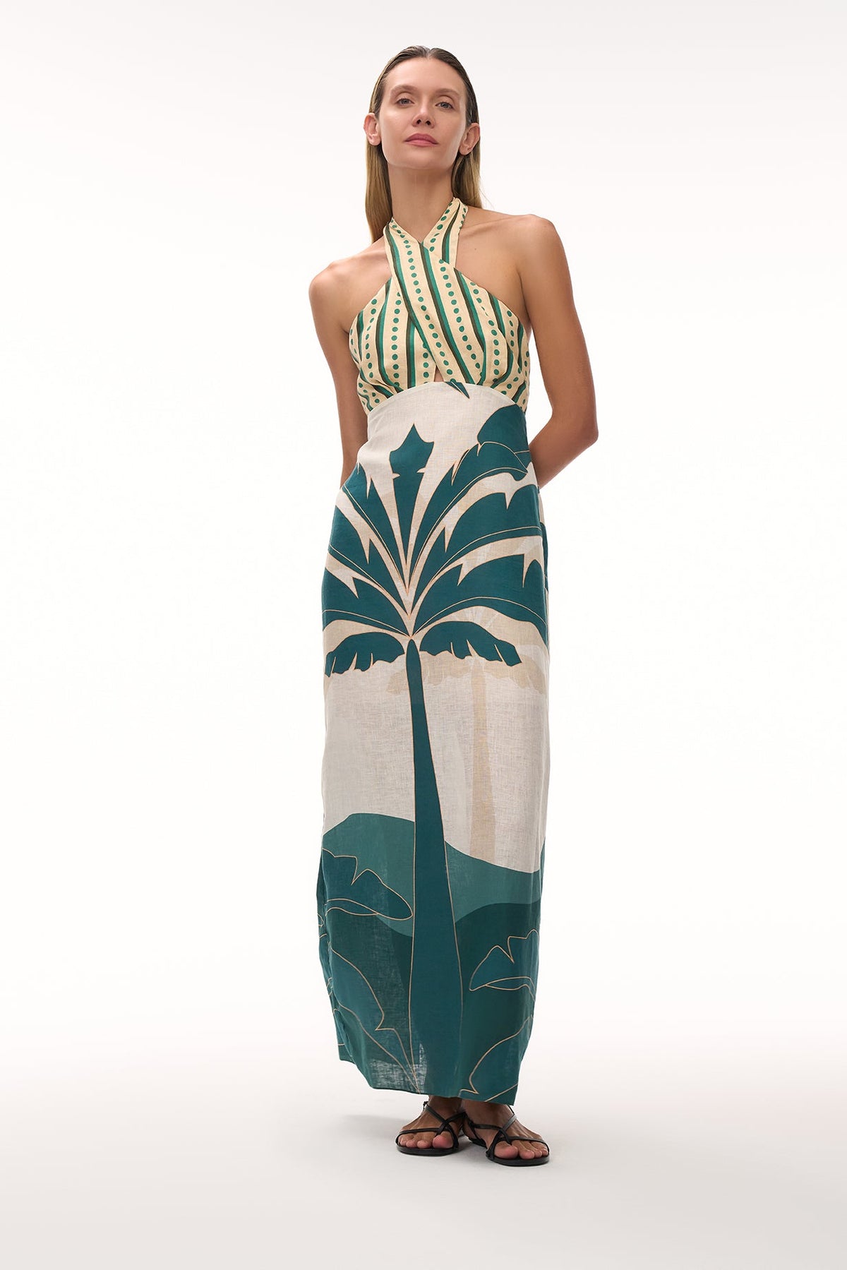 Costa del Sol Linen Midi Dress in Aquamarine Palms & Green Stripes