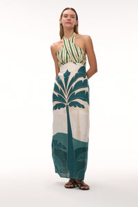 Costa del Sol Linen Midi Dress in Aquamarine Palms & Green Stripes
