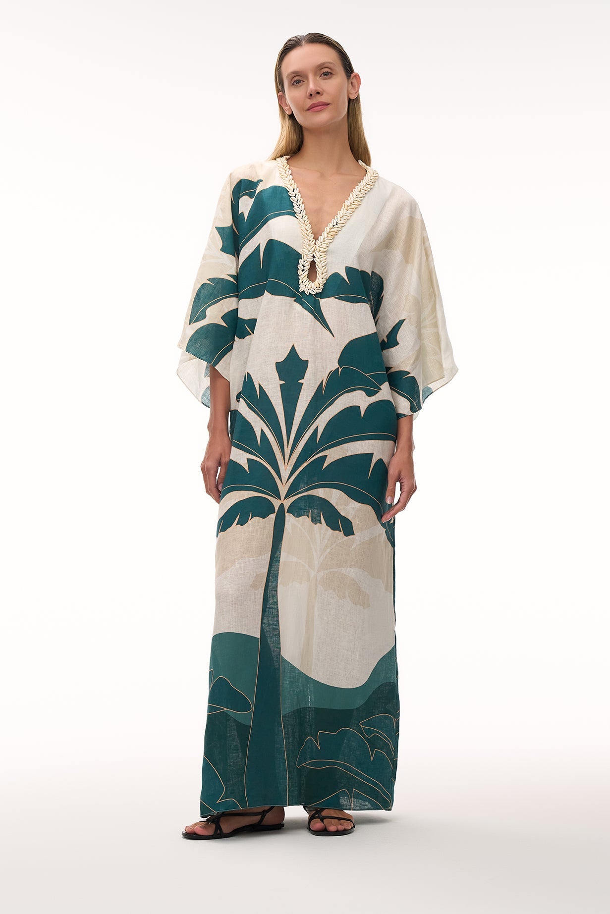 Andina Hand Embroidered Linen Tunic in Aquamarine Palms
