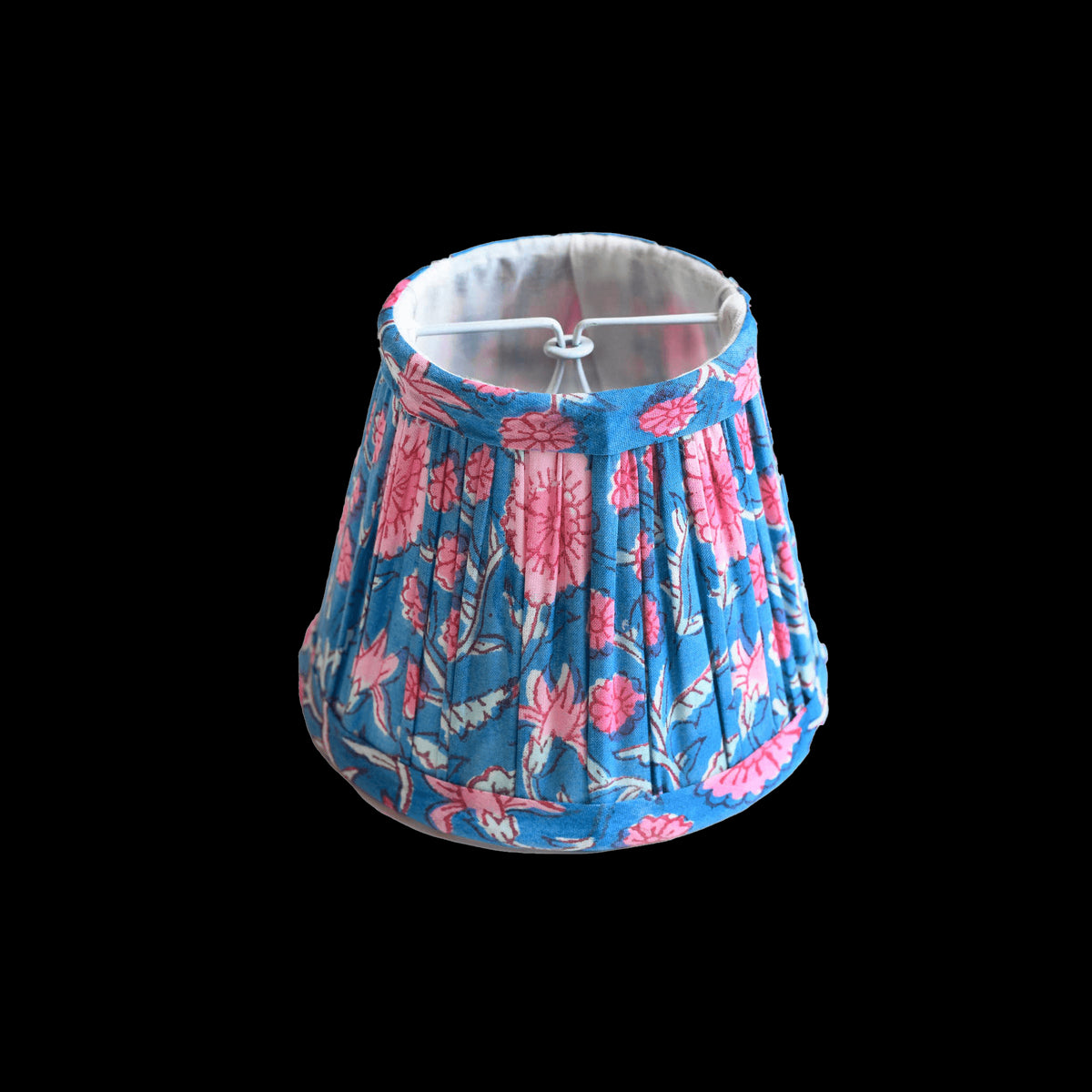 Hand block printed organic cotton pleated chandelier lampshade in blue and pink.