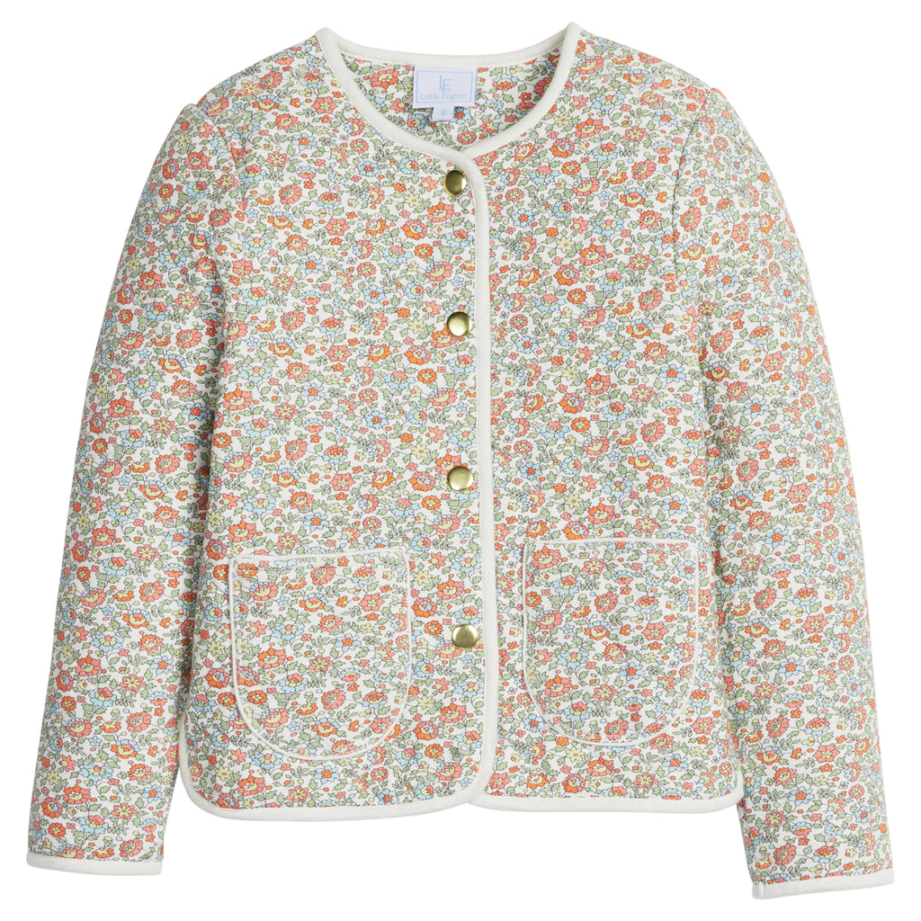 little english classic children's clothing girls button down jacket in light orange, cream, blue, and green floral print for fall with cream piping and front pockets 