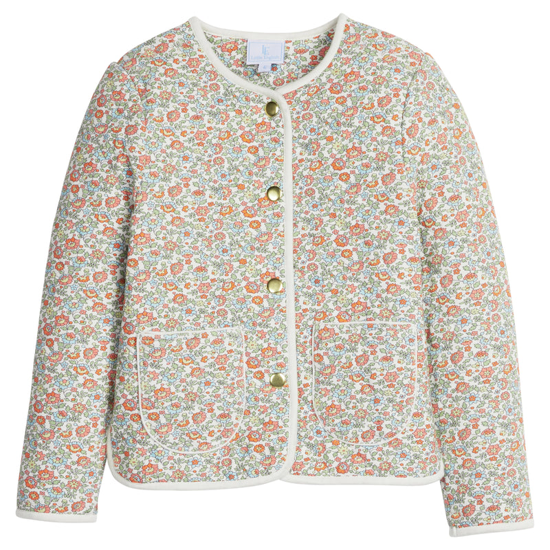 little english classic children's clothing girls button down jacket in light orange, cream, blue, and green floral print for fall with cream piping and front pockets 