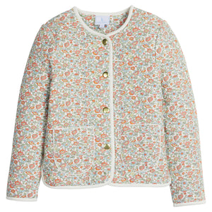 little english classic children's clothing girls button down jacket in light orange, cream, blue, and green floral print for fall with cream piping and front pockets 