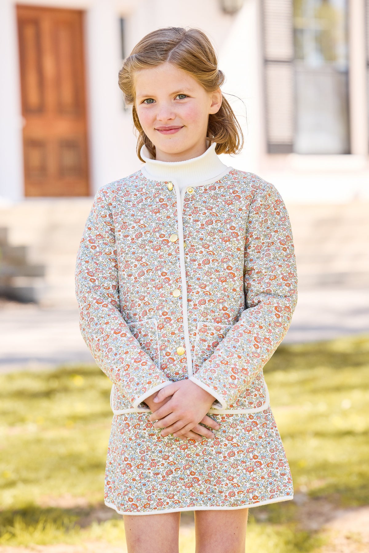 little english classic children's clothing, solid ribbed turtleneck in ivory, sophie jacket and skirt in james floral for girls, coordinating fall outfits 