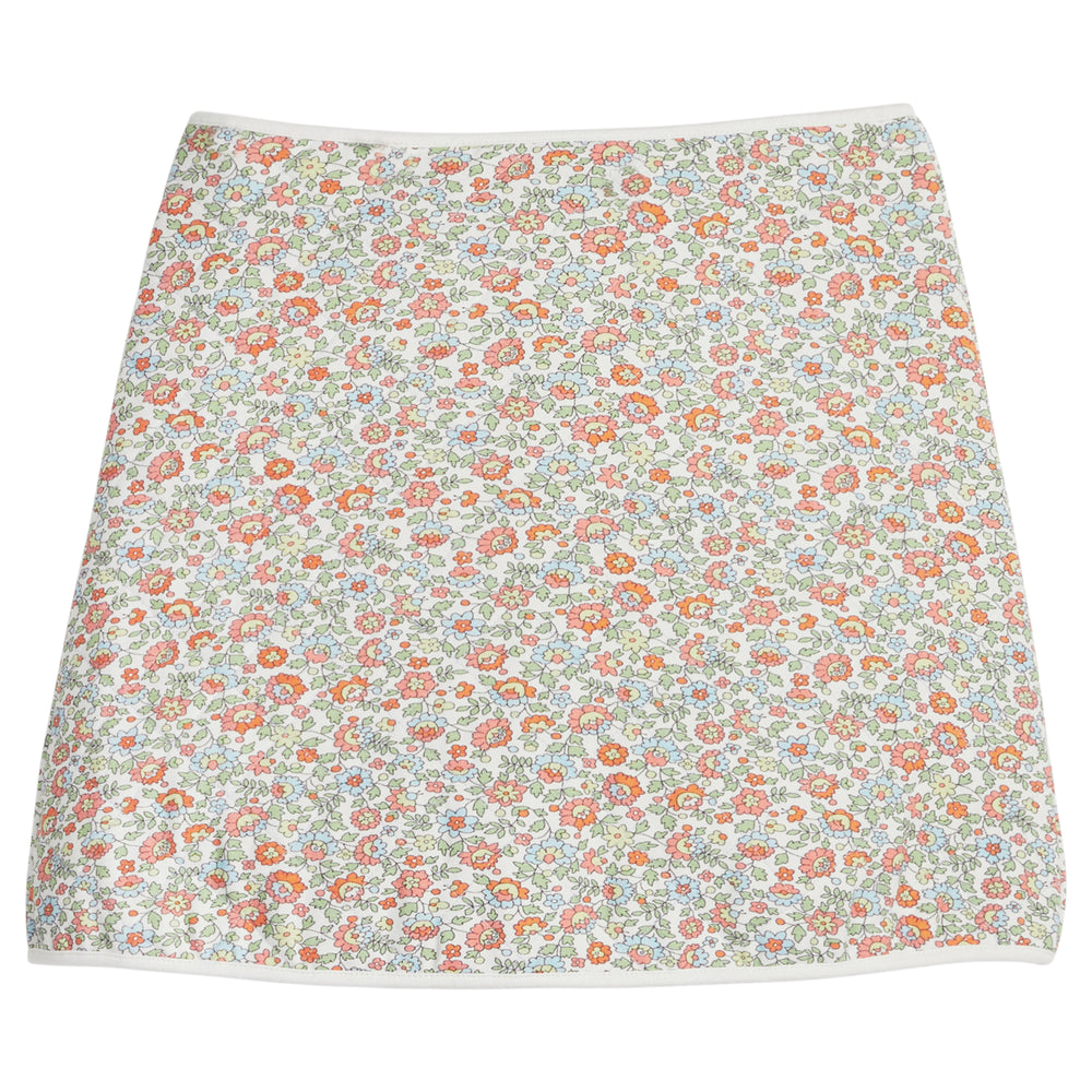 little english classic children's clothing girls light orange, blue, green, and cream floral skirt with cream piping for fall 
