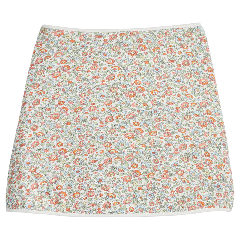 little english classic children's clothing girls light orange, blue, green, and cream floral skirt with cream piping for fall 