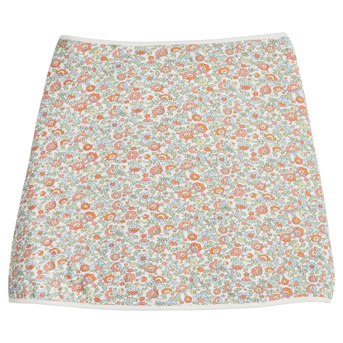 little english classic children's clothing girls light orange, blue, green, and cream floral skirt with cream piping for fall 