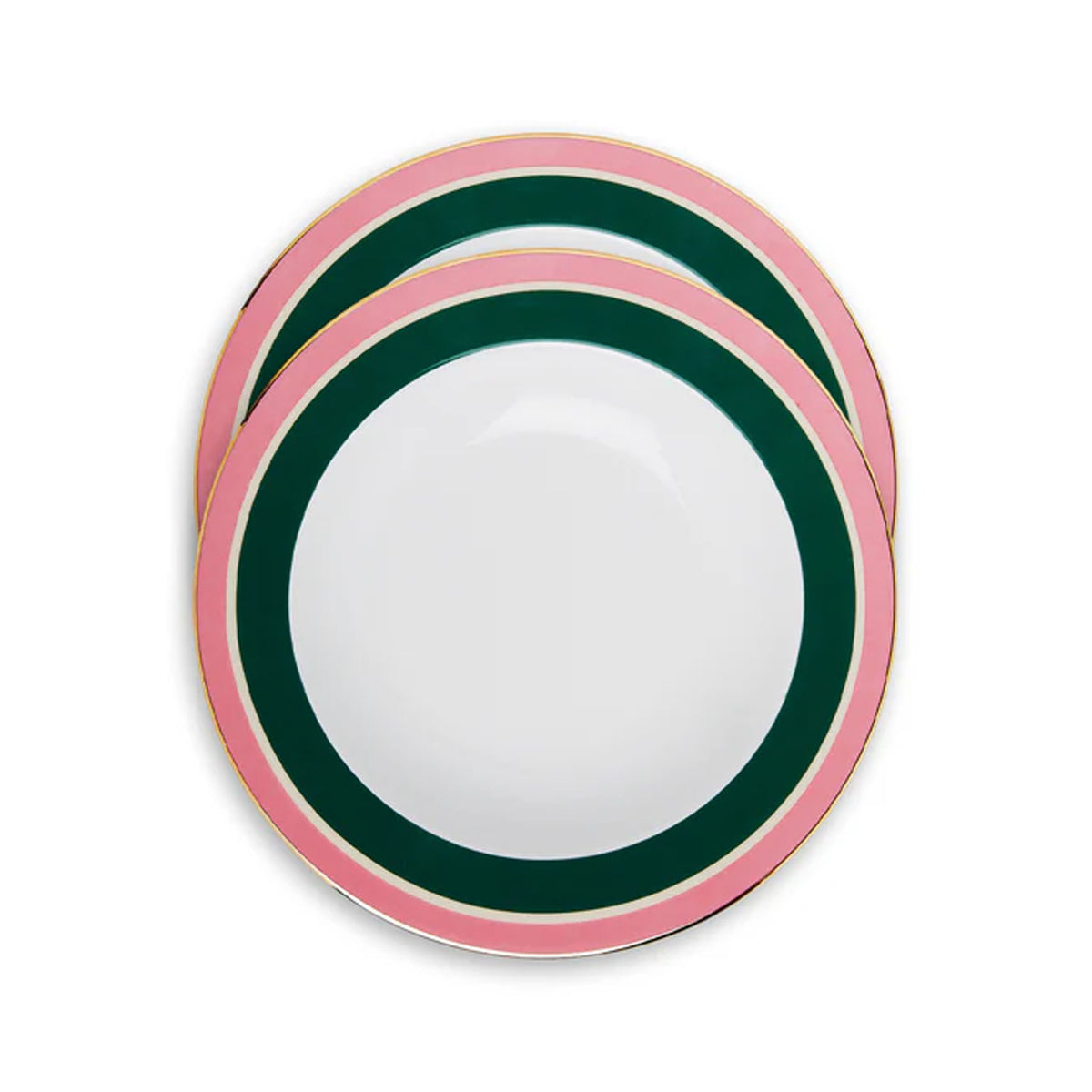 Top view of Soup Plates in Rainbow Verde Bosco Dark Green, Set of 2 with pink and dark green bands and 18K gold rim