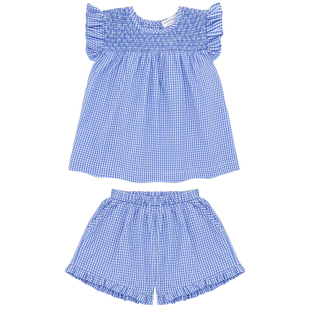 Girls Sky Blue Gingham Smocked Top And Short Set