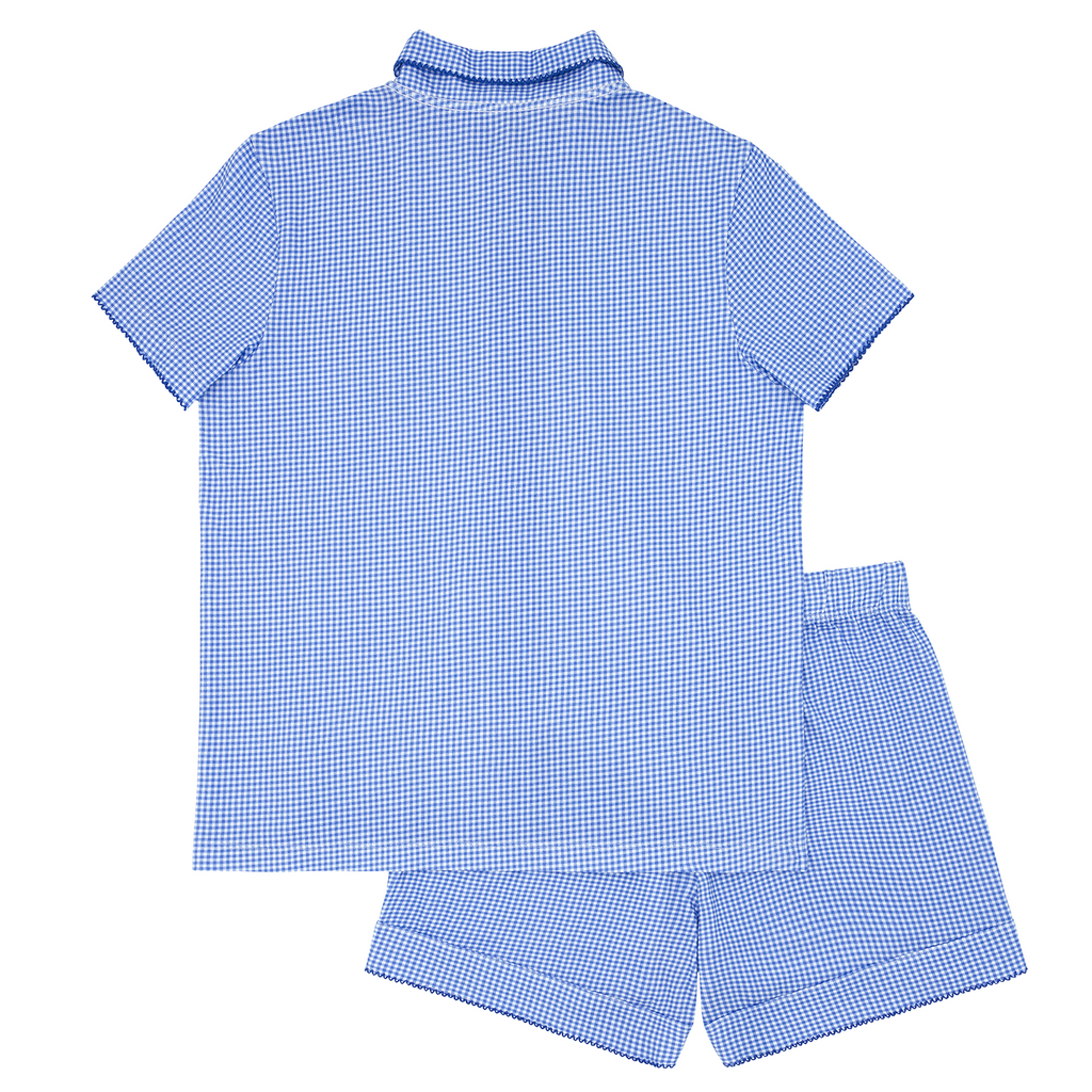 Women's Sky Blue Gingham Collared Shirt And Short Pima Pajamas Set