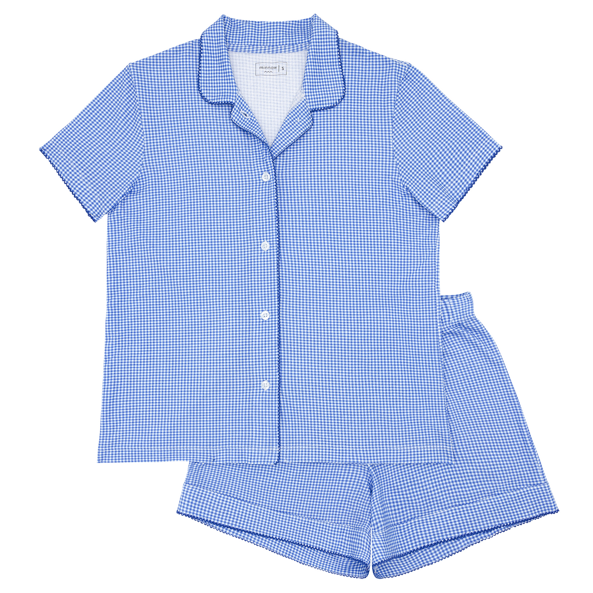 Front view of sky blue gingham pajama set showcasing collared button-up top and matching shorts on white