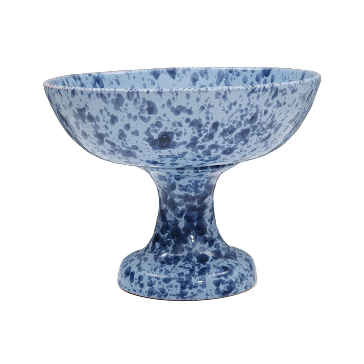Front view of the Speckled Fruit Stand in Blue showcasing its speckled finish, scalloped edge, and undulating rim with a white background