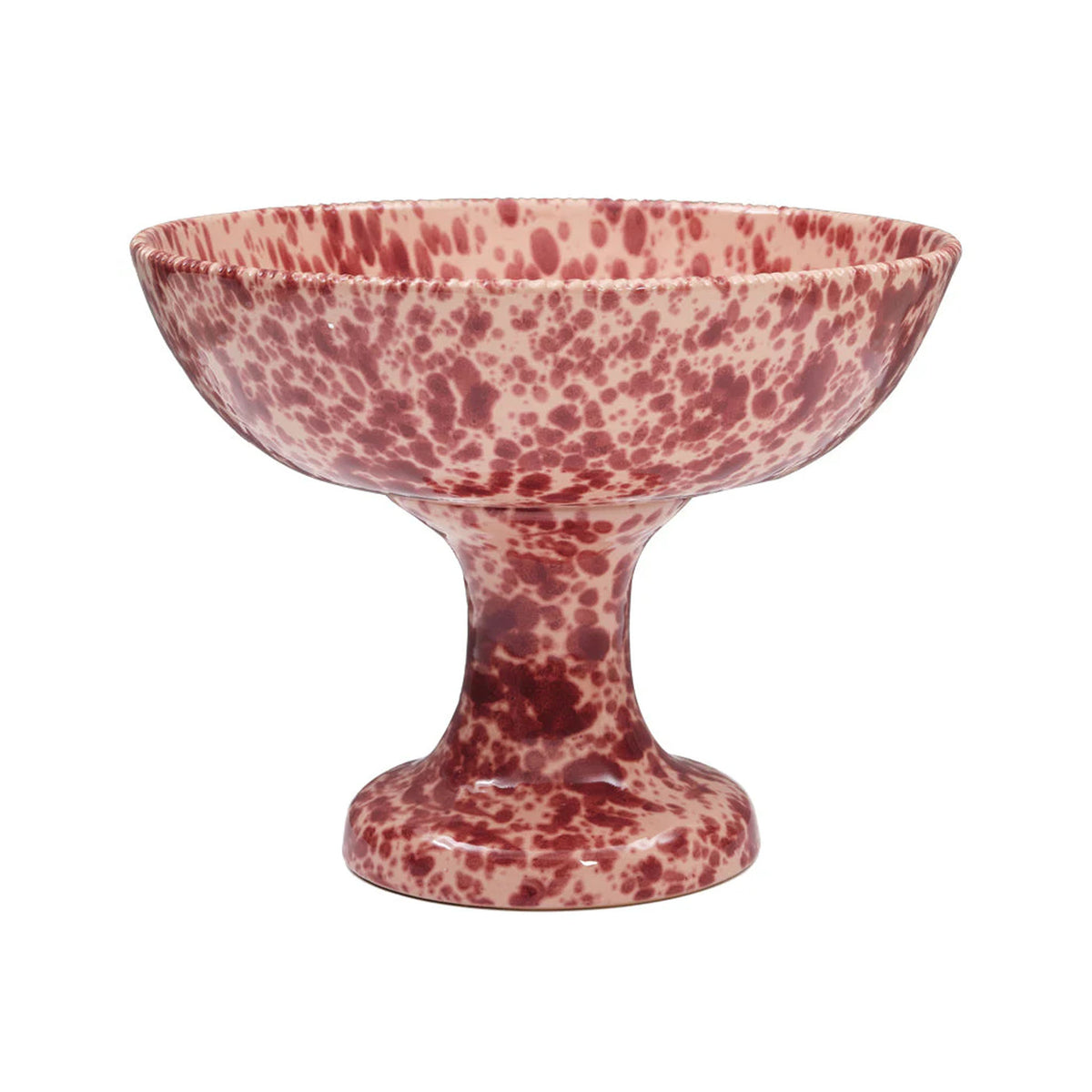 Front view of the Speckled Fruit Stand in Pink showcasing its scalloped edge and undulating rim with a white background