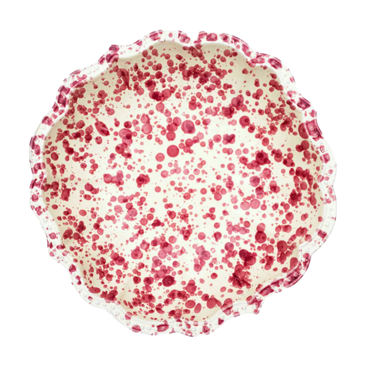 Top view of Speckled Serving Bowl in Burgundy showcasing hand-painted red speckles on ceramic with a white background