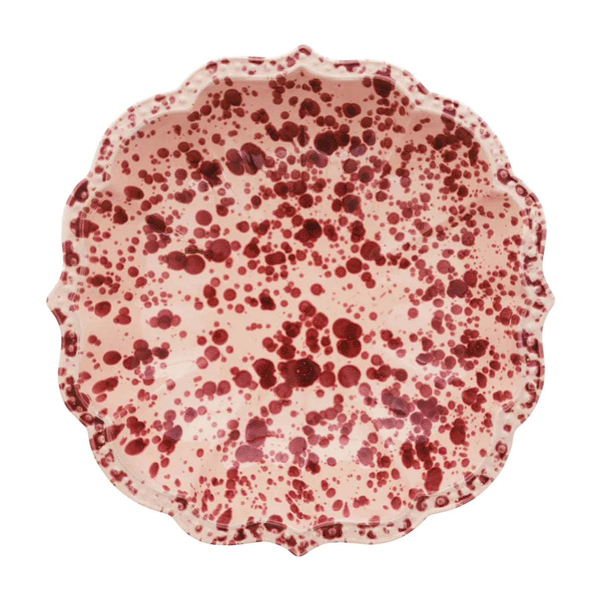 Top view of Speckled Serving Bowl in Pink showcasing hand-painted speckled ceramic with white background