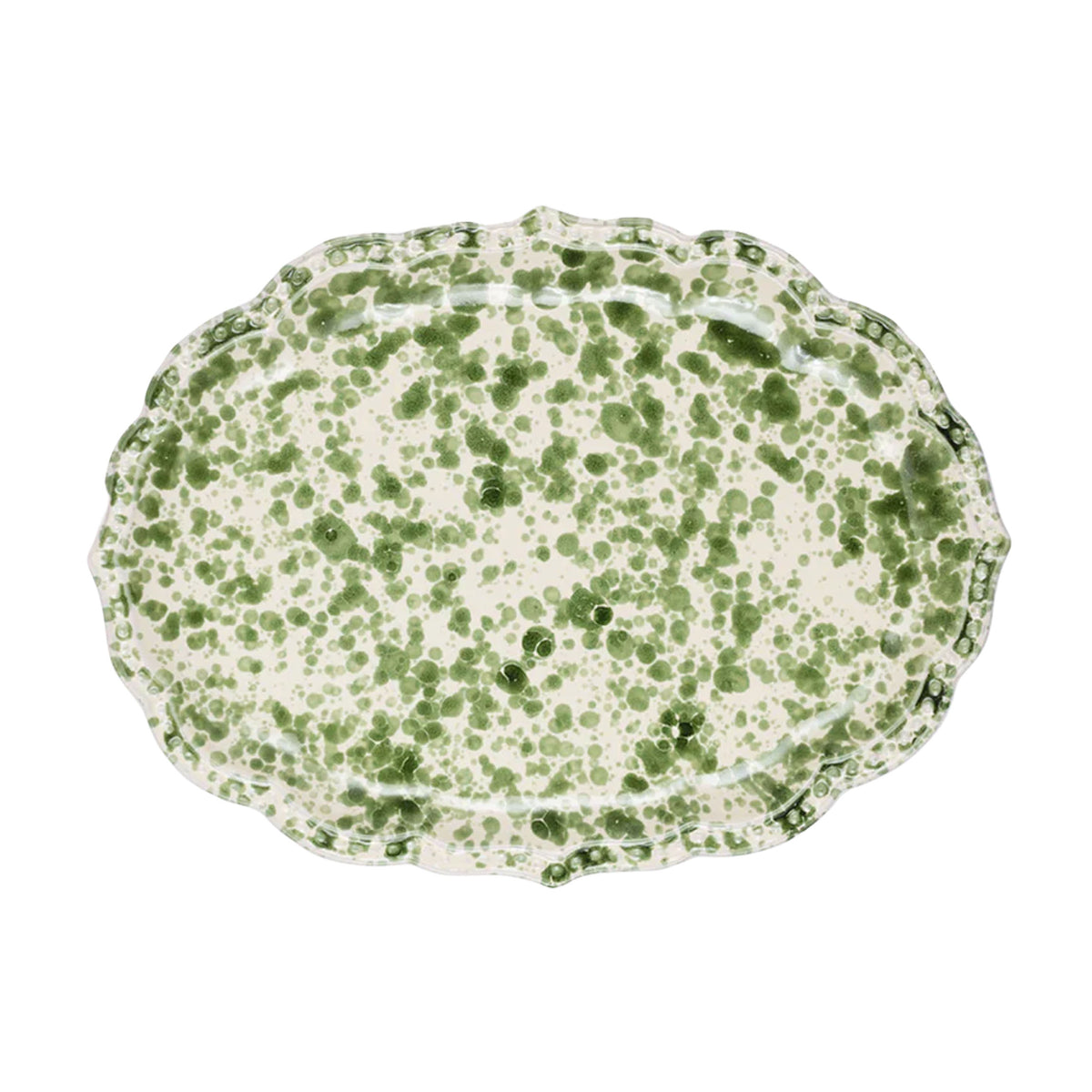 Top view of Speckled Serving Plate in Green and White showcasing hand-painted green speckles on ceramic against a white background