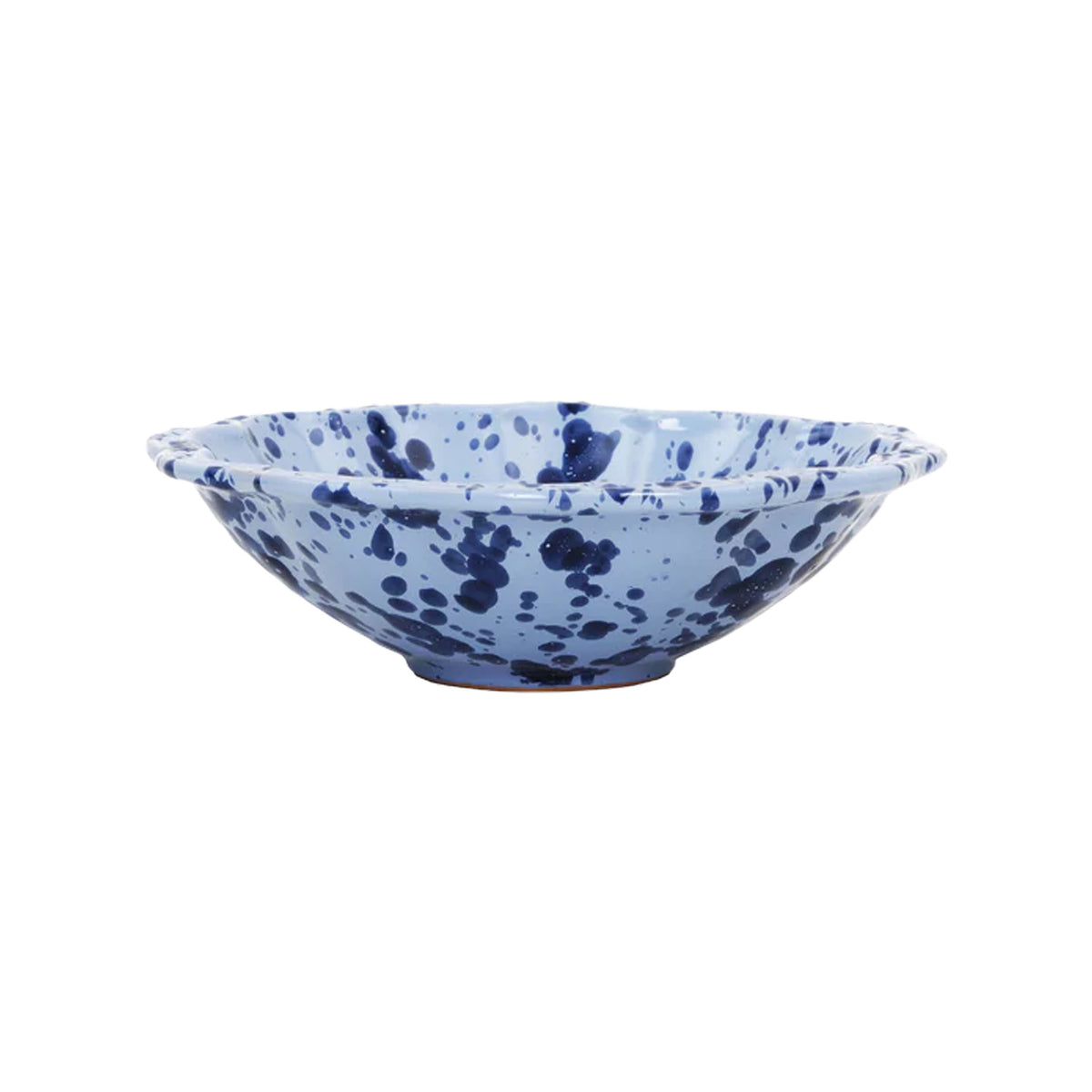 Front view of Speckled Small Bowl in Blue showcasing hand-painted blue speckles on ceramic with a white background