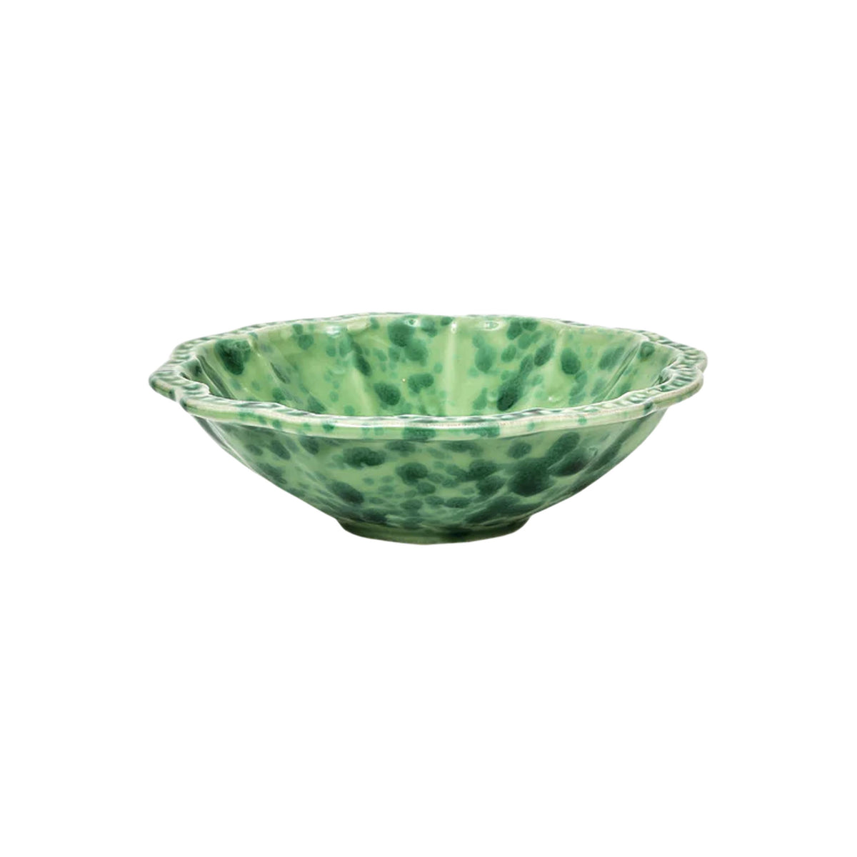 Front view of Speckled Small Bowl in Green showcasing hand-painted speckled ceramic with a fluted rim on a white background