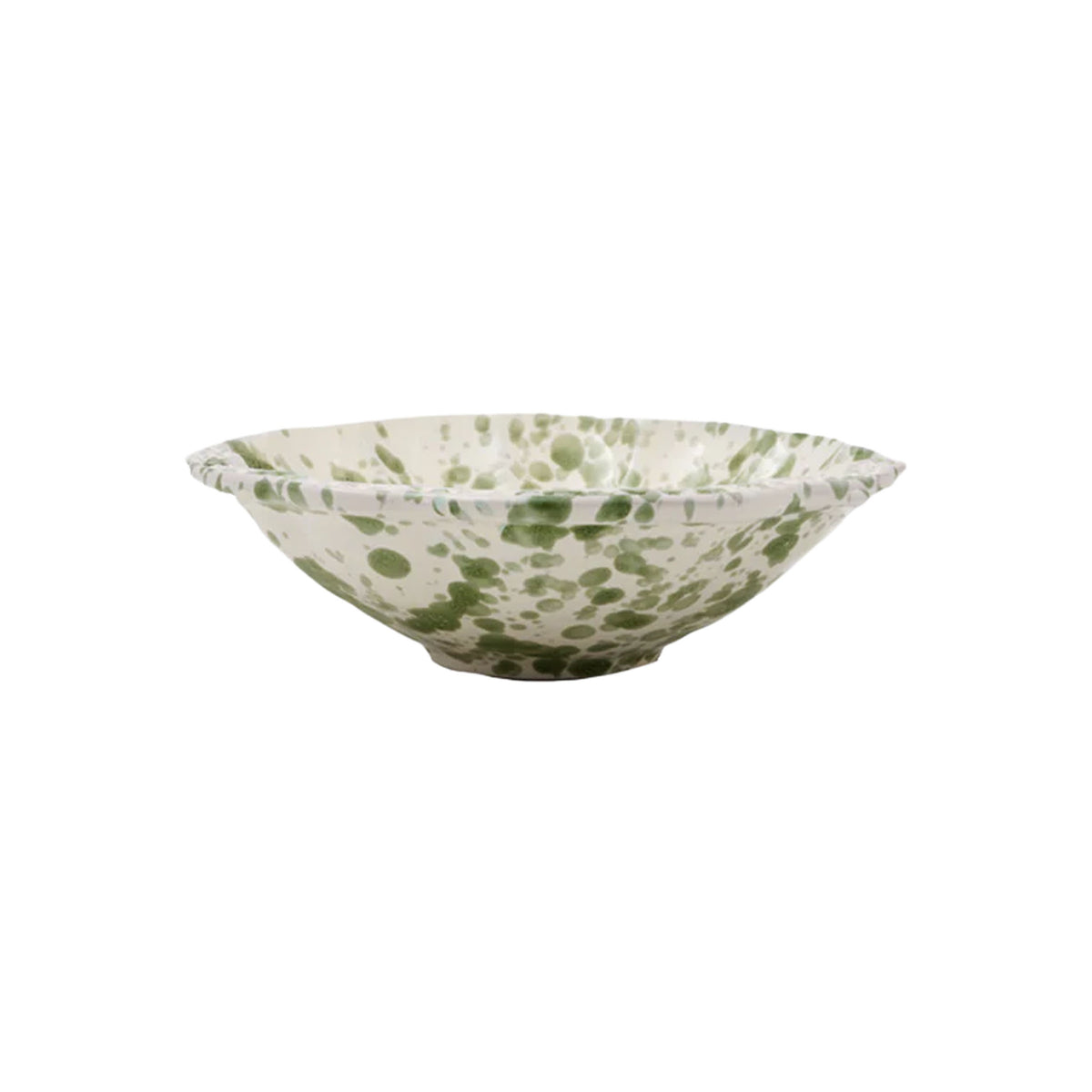 Front view of Speckled Small Bowl in Green and White showcasing hand-painted green speckles on white ceramic