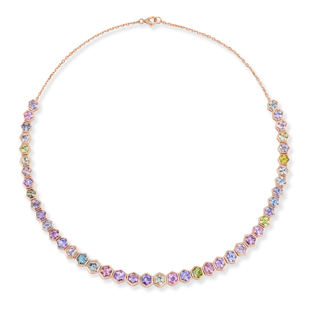 Front view of Spectrum Collar Necklace in rose gold with bezel-set multicolor hexagonal sapphires on white background