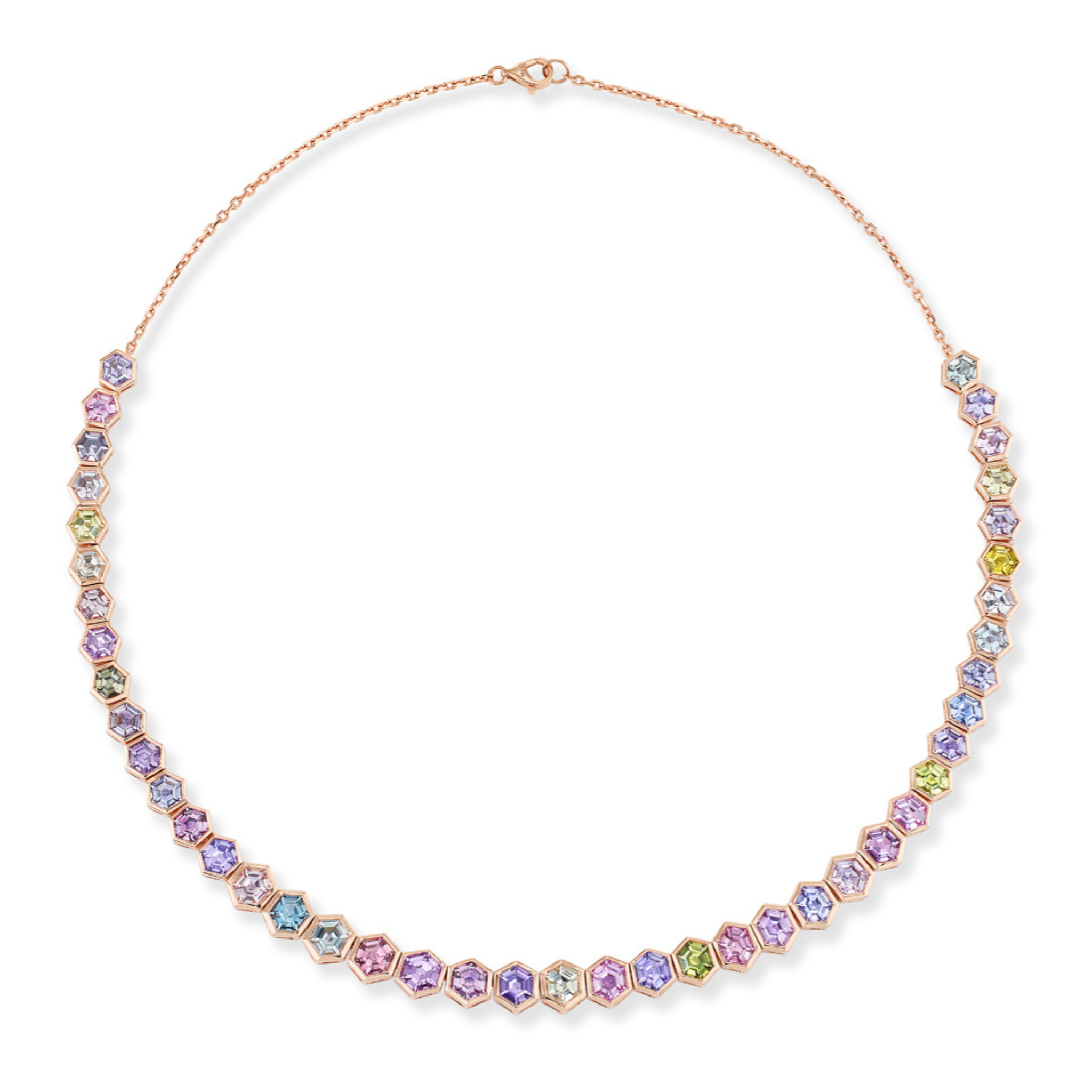 The Spectrum Collar Necklace in Rose Gold features bezel-set multicolor hexagonal sapphires—purple, blue, green, yellow, and pink—in a beautifully symmetrical design.