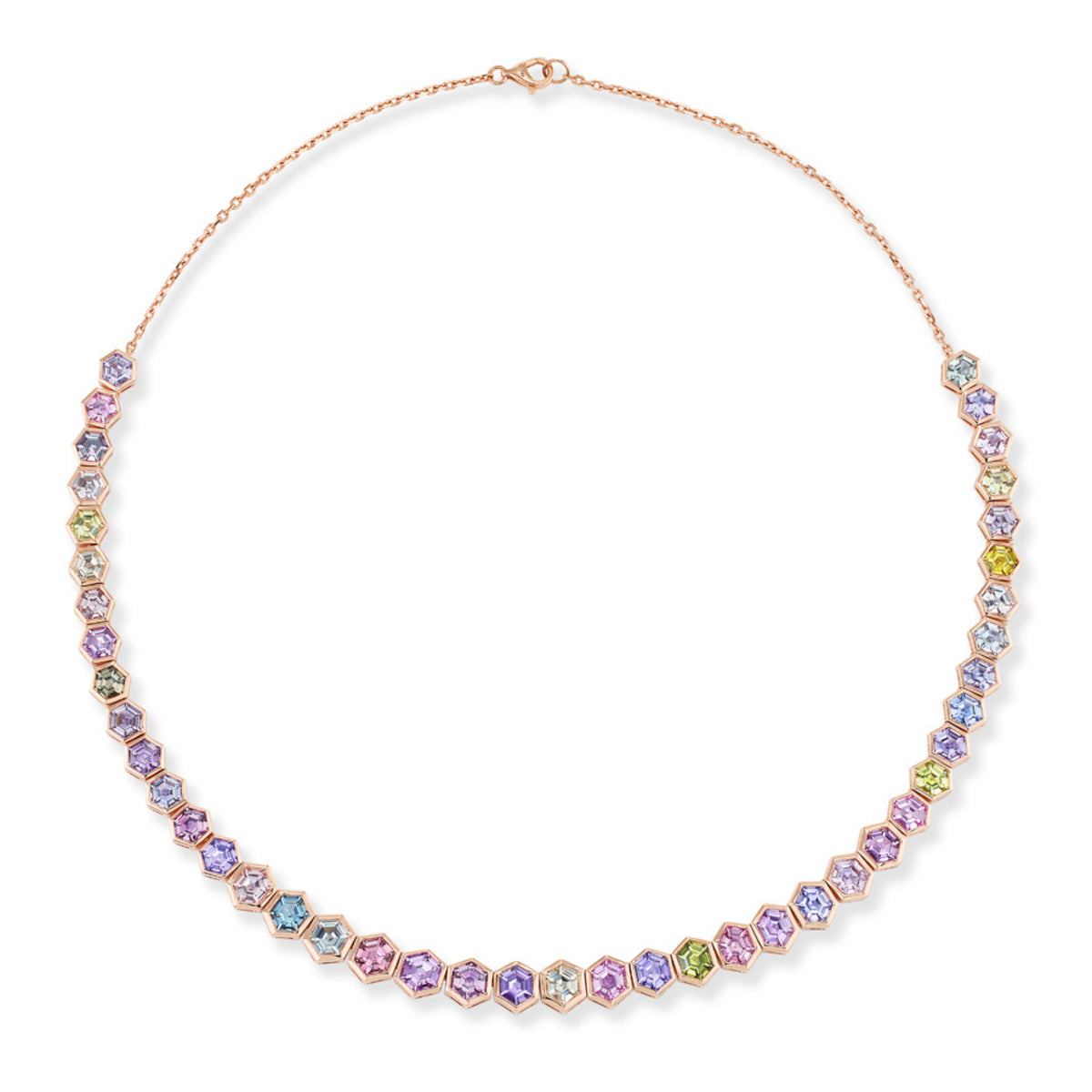 The Spectrum Collar Necklace in Rose Gold features bezel-set multicolor hexagonal sapphires—purple, blue, green, yellow, and pink—in a beautifully symmetrical design.