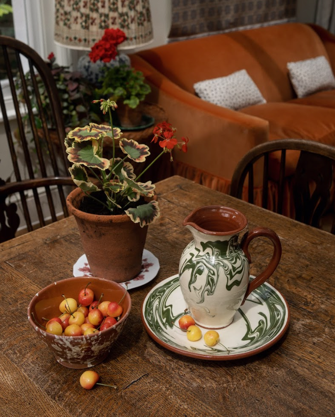 Splatter small bowl of cherries on a wooden table beside a marbled pitcher and potted plant in a cozy living room