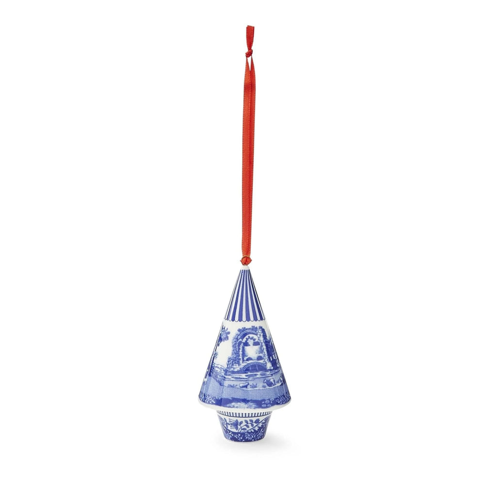 Front view of Spode Blue Italian cone-shaped porcelain tree ornament with blue transferware pattern and red ribbon