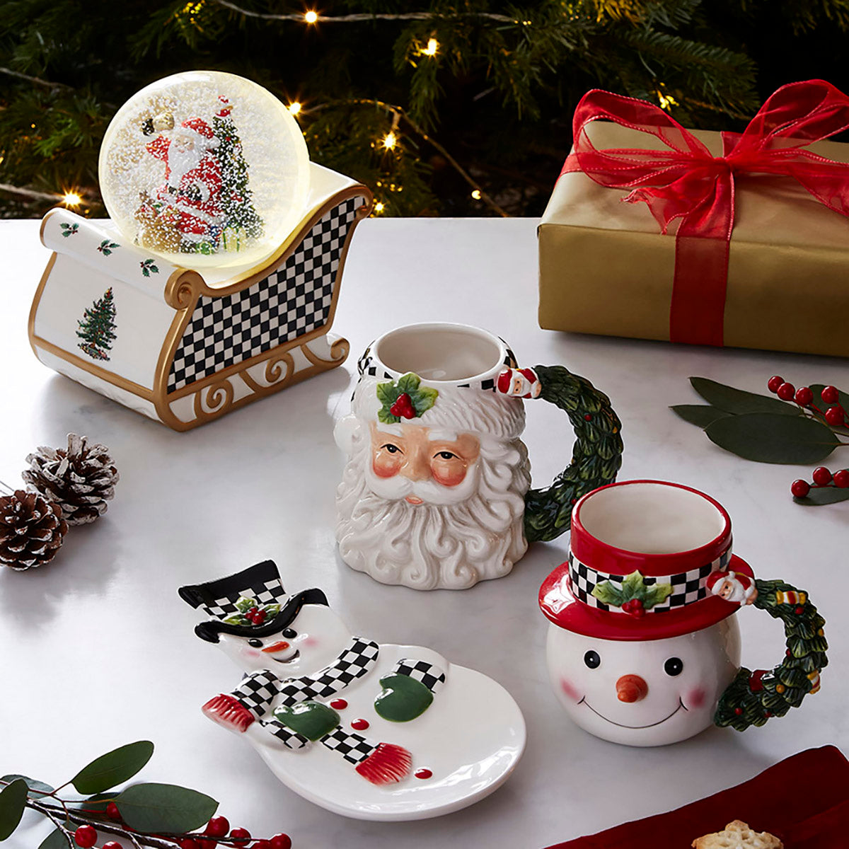 Christmas Tree Black & White Snowman Toby Mug