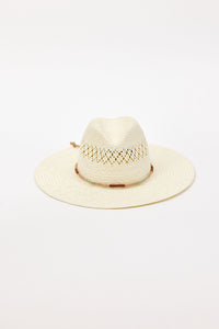 Beige straw hat with a wide brim on a white background