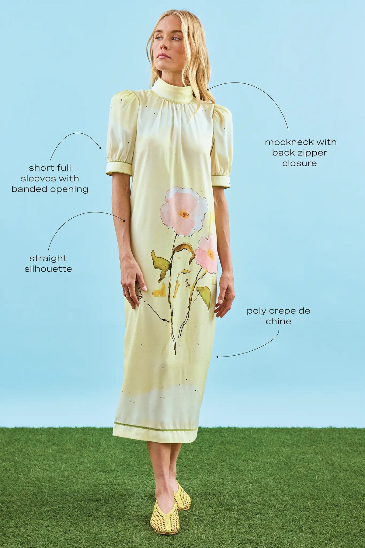 The Langley Dress, mock neck dress, in Quiet Bloom with call outs.