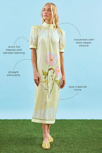 The Langley Dress, mock neck dress, in Quiet Bloom with call outs.