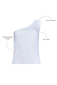 Rhode Tank, one shoulder knit tank, in white with call outs.