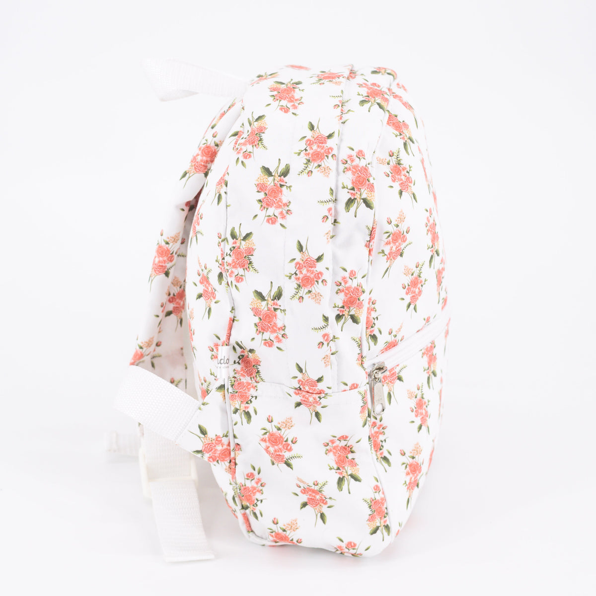 Front view of Rose Girl Backpack showcasing floral print, adjustable straps, and zipper with a white background