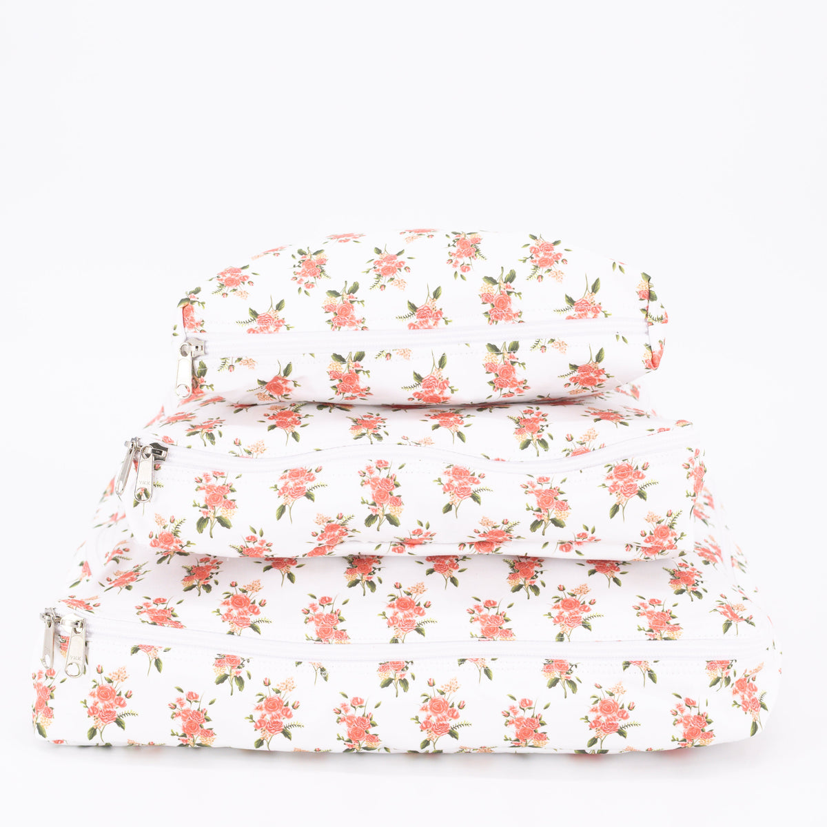 Front view of Rose Packing Cubes showcasing floral print and zippered compartments with a white background