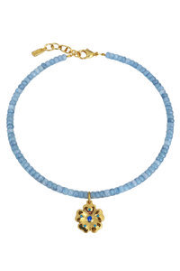 Blue Beaded Gold Flower Necklace